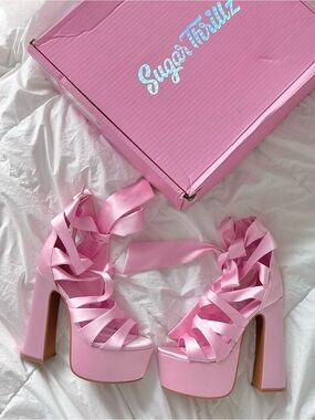 Sugar Thrillz Pink Satin Platform Lace-Up Heels Ballet shoes pumps NIB